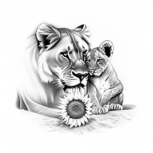 lioness and cub with sunflower tattoo design idea