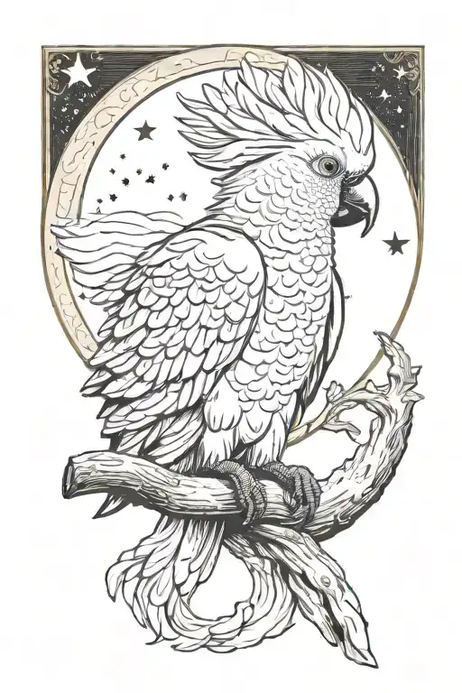 cockatoo sitting on warning crescent moon tattoo design idea