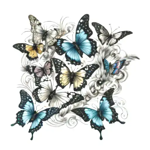realistic butterflies and feathers floating tattoo design idea