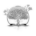 A majestic tree with intricate roots and branches intertwining with the silhouette of a meditating figure tattoo design idea
