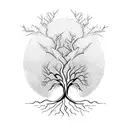 A majestic tree with intricate roots and branches intertwining with the silhouette of a meditating figure tattoo design idea