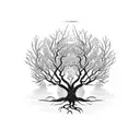 A majestic tree with intricate roots and branches intertwining with the silhouette of a meditating figure tattoo design idea
