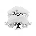 A majestic tree with intricate roots and branches intertwining with the silhouette of a meditating figure tattoo design idea