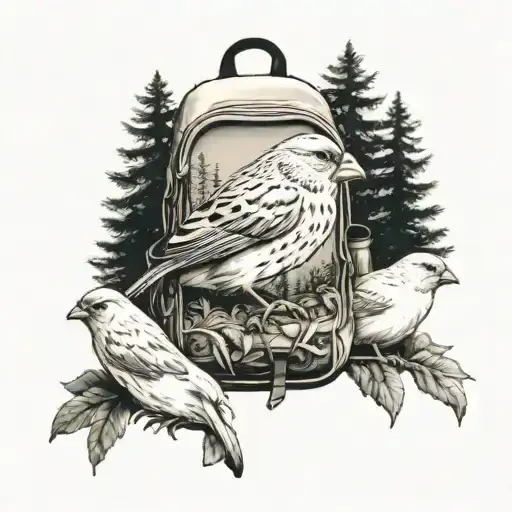 A backpack and white finch in a realistic style, showcasing lots of detail with a big woodland scene background tattoo design idea