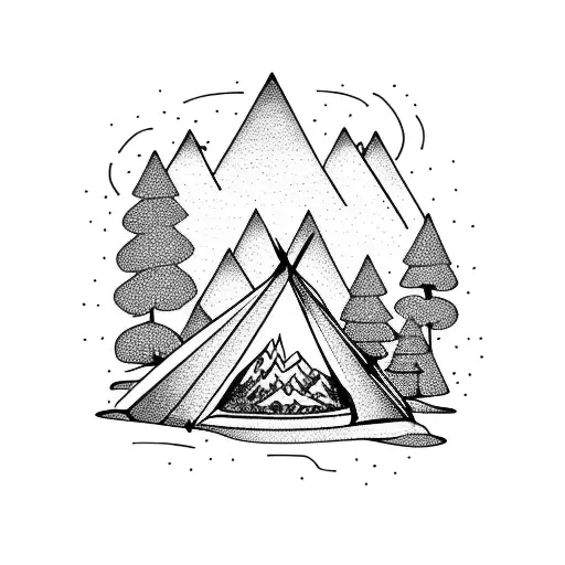 tent with mountain and camp fire tattoo design idea
