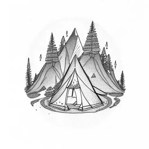 outlines of tent with mountain and camp fire tattoo design idea
