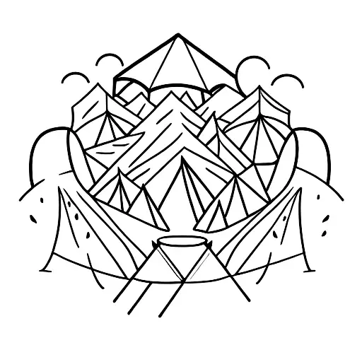 tent with mountain and camp fire. Fine lines and outlines only. black ink tattoo design idea
