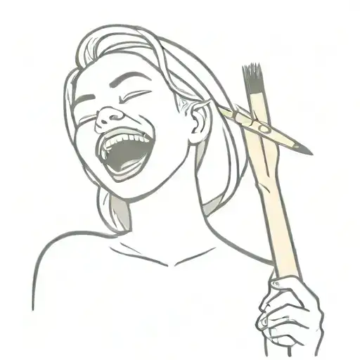A minimalist design of a girl laughing hysterically while holding a paintbrush tattoo design idea