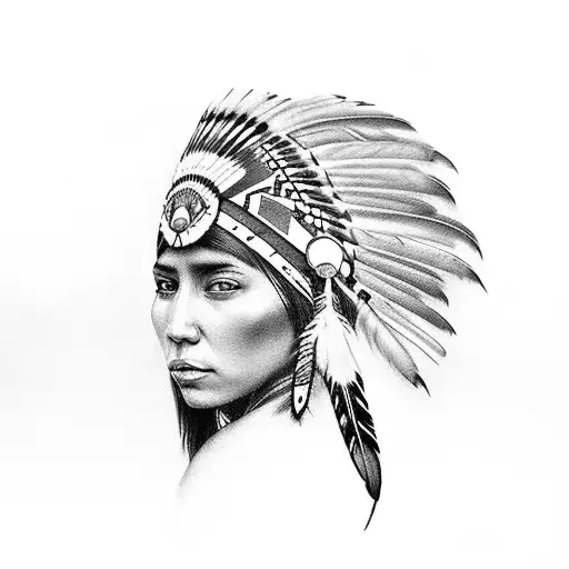 native american woman whit feathers in her hair tattoo design idea