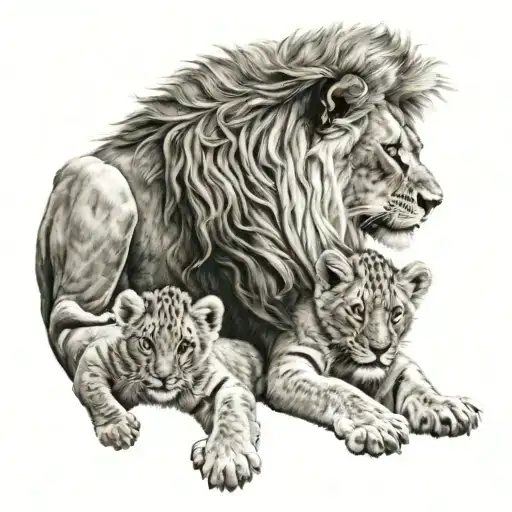tattoo of lion and cub, lion is proudly backing his cub showing bond between father and son  tattoo design idea