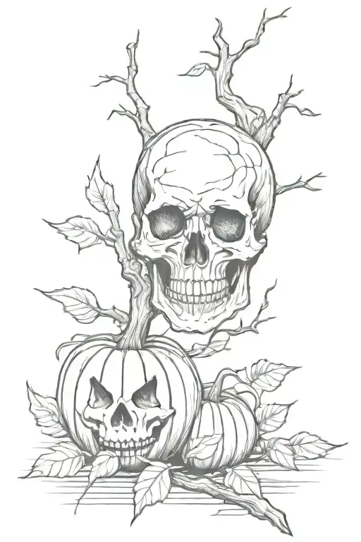 willow tree branch with pumpkin skull tattoo design idea