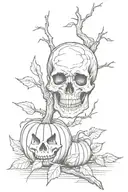 willow tree branch with pumpkin skull tattoo design idea