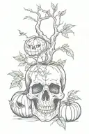 willow tree branch with pumpkin skull tattoo design idea