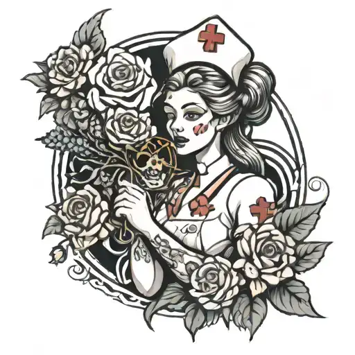 nurse holding a bouquet tattoo design idea