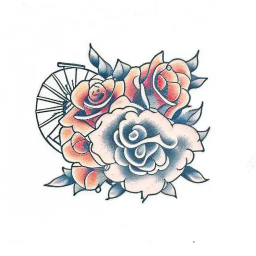 Japanese traditional Orange Fox in a fan with rose roses  tattoo design idea