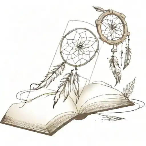 An open book, mid edit, with a wine glass and a dream catcher, thin lines  tattoo design idea