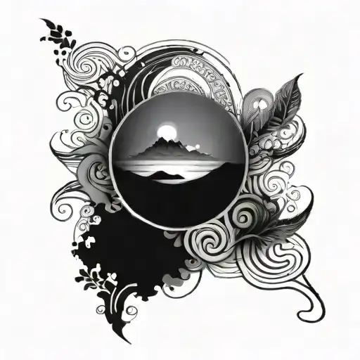A serene landscape with a prominent element symbolizing calmness and overcoming anger, surrounded by swirling patterns. Placement on forearm or chest. tattoo design idea