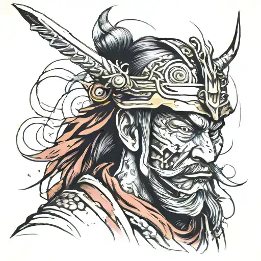 Samurai After a long battle with a burnt face tattoo design idea