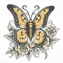 butterfly with bullet as its abdomen and flowers on the wings tattoo design idea