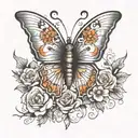 butterfly with bullet as its abdomen and flowers on the wings tattoo design idea
