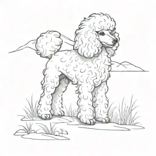 A sketch of a dog (poodle breed, white and fluffy) exploring a nature trail during camping trip tattoo design idea
