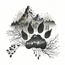 dog paw print with nature element like mountains and trees tattoo design idea