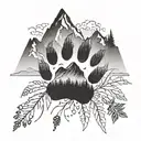 dog paw print with nature element like mountains and trees tattoo design idea