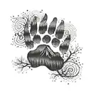 dog paw print with nature element like mountains and trees tattoo design idea