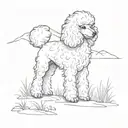 A sketch of a dog (poodle breed, white and fluffy) exploring a nature trail during camping trip tattoo design idea