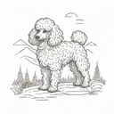 A sketch of a dog (poodle breed, white and fluffy) exploring a nature trail during camping trip tattoo design idea
