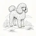 A sketch of a dog (poodle breed, white and fluffy) exploring a nature trail during camping trip tattoo design idea