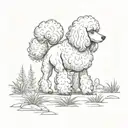 A sketch of a dog (poodle breed, white and fluffy) exploring a nature trail during camping trip tattoo design idea