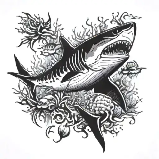 underwater life shark swimming, tuna,swimming,nudiebranch,rays,corals,diver,turtle,octopus,sailfish emerging on bicep tattoo design idea
