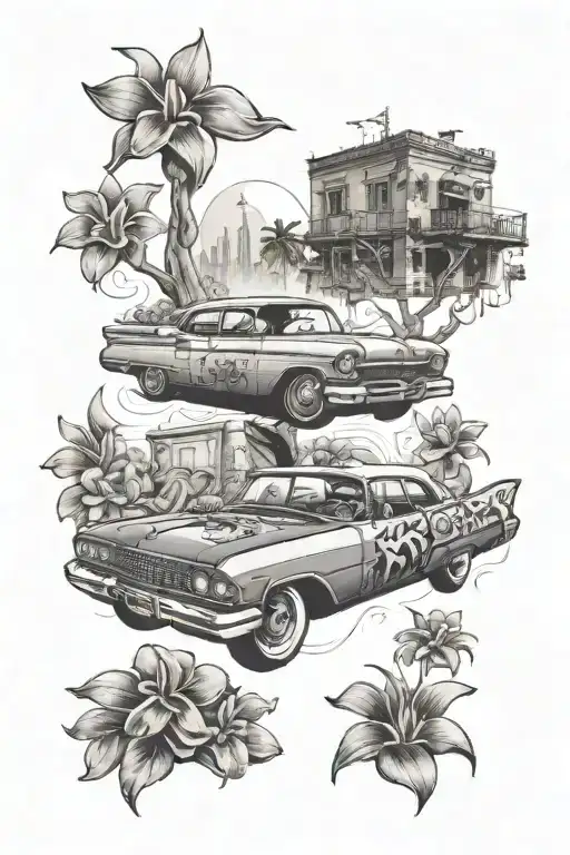 A surreal cityscape scene featuring iconic Tim Burton characters driving lowrider cars through the streets, with plumeria flowers blooming in the foreground tattoo design idea