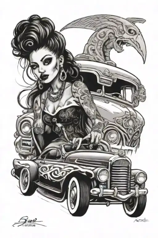 A black and grey portrait of a fierce Mexican and Puerto Rican female driving a lowrider car, with Tim Burton-inspired details in the background tattoo design idea