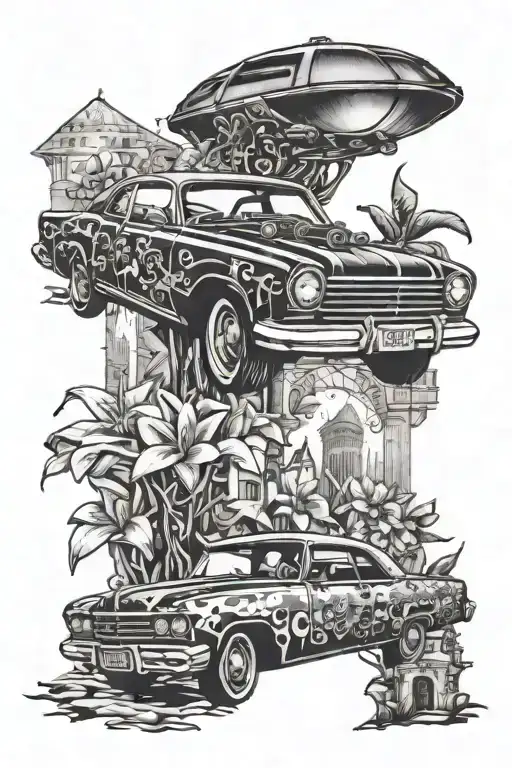 A lowrider car transformed into a whimsical Tim Burton-inspired vehicle, surrounded by plumeria flowers and cityscape in the background tattoo design idea