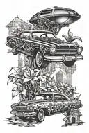 A lowrider car transformed into a whimsical Tim Burton-inspired vehicle, surrounded by plumeria flowers and cityscape in the background tattoo design idea