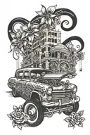 A lowrider car transformed into a whimsical Tim Burton-inspired vehicle, surrounded by plumeria flowers and cityscape in the background tattoo design idea