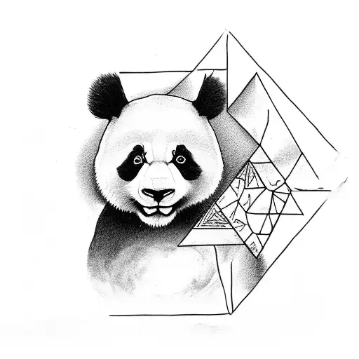 A panda holding a triangle, in which there should be a bamboo forest and a moon tattoo design idea