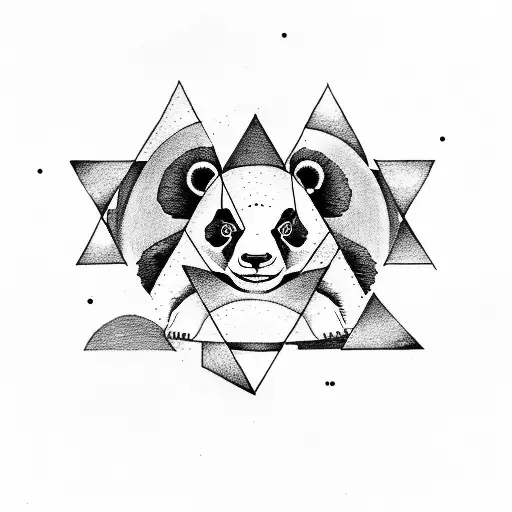 A panda holding a triangle in which there should be a bamboo forest and a moon tattoo design idea