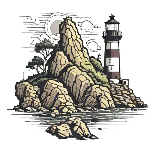 The lighthouse standing tall on the cliff. The winding path leading to the lighthouse. The rugged cliffs with some veget tattoo design idea