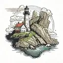 The lighthouse standing tall on the cliff. The winding path leading to the lighthouse. The rugged cliffs with some veget tattoo design idea