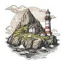The lighthouse standing tall on the cliff. The winding path leading to the lighthouse. The rugged cliffs with some veget tattoo design idea