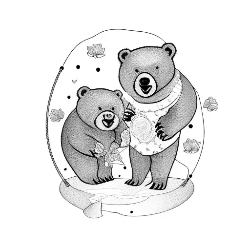 mama and baby bear trapeze flowers laugh tattoo design idea
