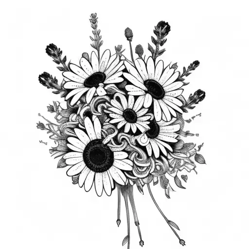 Bouquet with daisy and lavender and lily tattoo design idea