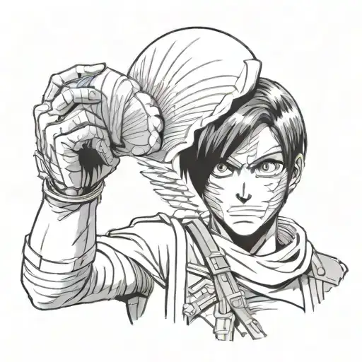 arman from attack on titan holding sea shell with blood in black and white but with the blood red tattoo design idea