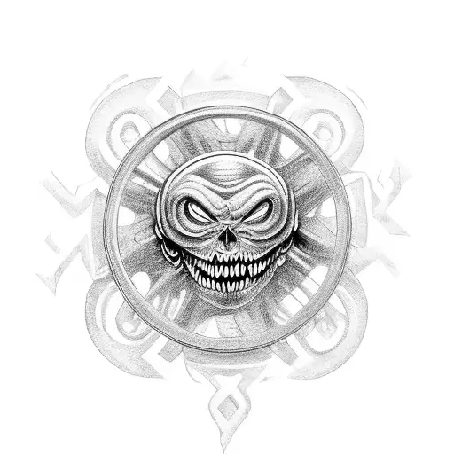 A chain wrapped around a sprocket, with a demonic face emerging from the center tattoo design idea