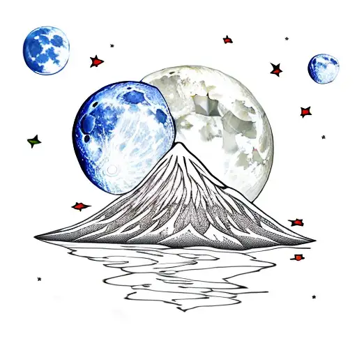 full moon, volcano, water, feathers, stars, palm tree tattoo design idea