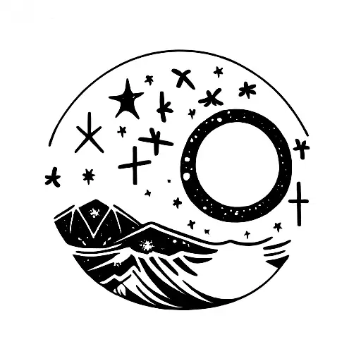 full moon, volcano, water, feathers, stars, palm tree tattoo design idea