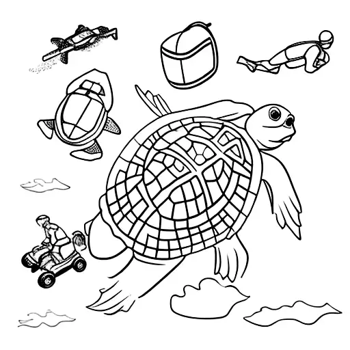 a statue, a toy tractor, a turtle, and a scuba diver tattoo design idea